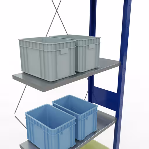 Aanbouwrekken, legbordstellingen, insteeksysteem MULTIplus150, 3000 x 750 x 300 mm (HxBxD), 7 legborden, kruisschoor, RAL 5010 gentiaanblauw/verzinkt/verzinkt uit de categorie aanbouwrekken met de GTIN 4004514279859 Aanbouwrekken, rekken, insteeksysteem MULTIplus150, 3000 x 750 x 300 mm, 7 legborden, kruisschoor, RAL 5010 gentiaanblauw/verzinkt/verzinkt van Schulte Lagertechnik uit het assortiment insteeksysteem