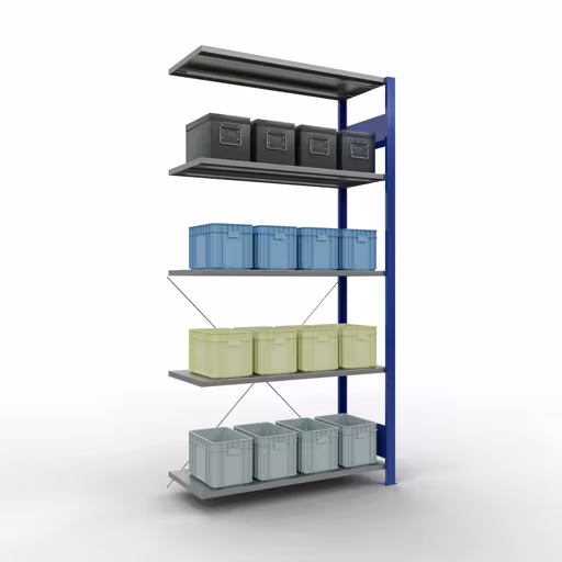 Productafbeelding nr. 13 van het artikel Aanbouwrekken, legbordstellingen, insteeksysteem MULTIplus85, 2000 x 1000 x 400 mm (HxBxD), 5 legborden, kruisschoor, RAL 5010 gentiaanblauw Figuur nr. 13 van het artikel aanbouwrekken, legbordstellingen, insteeksysteem MULTIplus85, 2000 x 1000 x 400 mm, 5 legborden, RAL 5010 gentiaanblauw uit de productgroep insteeksysteem van het merk Schulte Lagertechnik.