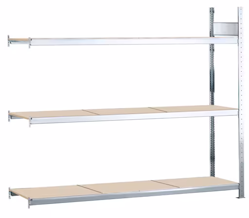Aanbouwstellingen, breedvakstellingen WS 2000 met spaanplaat, 2000 x 2500 x 400 mm (HxBxD), verzinkt, 3 niveaus, vakbelasting 400 kg, vakbelasting 1.200 kg van Schulte Lagertechnik Aanbouwstelling, breedvakstelling WS 2000 met spaanplaat, 2000 x 2500 x 400 mm (HxBxD), verzinkt, 3 niveaus, vakbelasting 400 kg, vakbelasting 1.200 kg, WS2000, art.nr. 15571