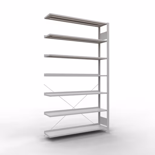 Aanbouwstelling, kantoorstelling, insteeksysteem MULTIplus85, 2300 x 1300 x 300 mm (HxBxD), 7 legborden, kruisschoor, met aanslaglijst, lichtgrijs, insteeksysteem, art.nr. 36017