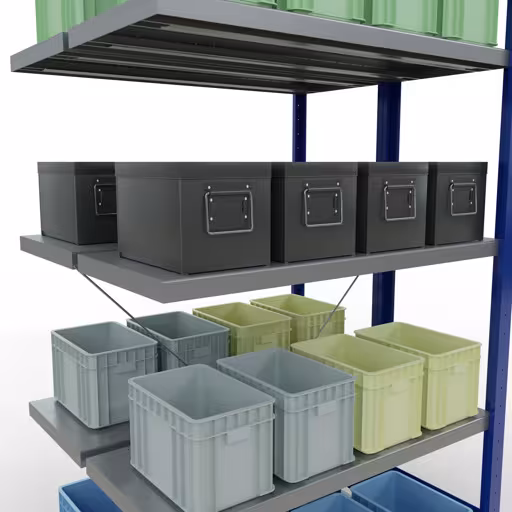 Figuur nr. 16 van het artikel aanbouwplank, dubbele plank, stellingsysteem MULTIplus250, 2000 x 1000 x (2x400) mm, 2x5 planken, kruisschoor, RAL 5010 gentiaanblauw uit de productgroep stellingrekken van Schulte Lagertechnik.