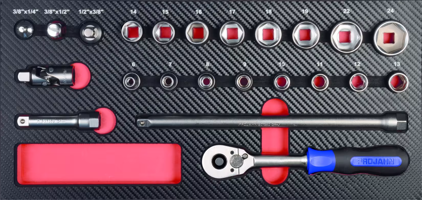 3/8" gereedschapsset inzetstuk 23-delig uit de categorie dopsleutelsets & losse onderdelen met GTIN 4000146591215 Insteekdopsleutelinzetstukken metrisch 10 van het merk PROJAHN uit de categorie dopsleutelsets & losse onderdelen