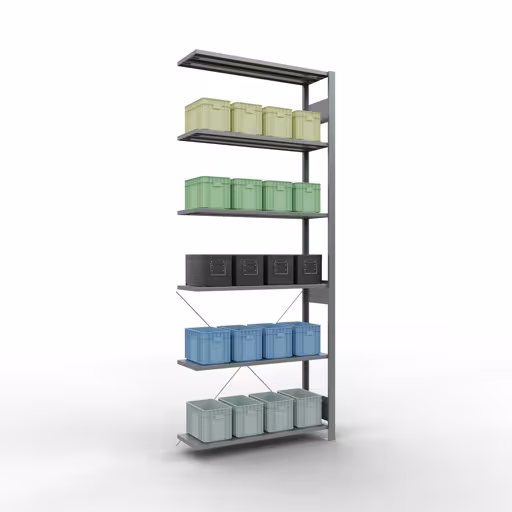 Productafbeelding nr. 12 van het artikel Aanbouwrekken, legbordstellingen, insteeksysteem MULTIplus85, 2500 x 1000 x 300 mm (HxBxD), 6 legborden, kruisschoor, verzinkt Figuur nr. 12 van het artikel aanbouwrekken, legbordstellingen, insteeksysteem MULTIplus85, 2500 x 1000 x 300 mm, 6 legborden, verzinkt uit de productgroep insteeksysteem van het merk Schulte Lagertechnik.