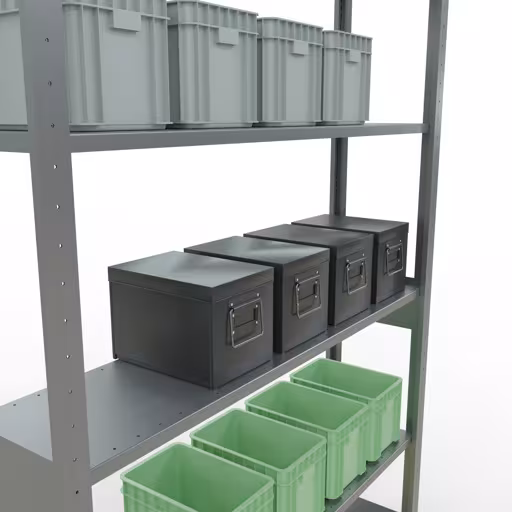 Basisplank, legplank, insteeksysteem MULTIplus150, 2500 x 1300 x 300 mm (HxBxD), 6 legborden, lengtestangen, verzinkt uit de categorie basisplanken met de GTIN 4004514279507 Basisplank, legbord, insteeksysteem MULTIplus150, 2500 x 1300 x 300 mm, 6 legborden, lengtestangen, verzinkt van Schulte Lagertechnik uit het assortiment insteeksysteem