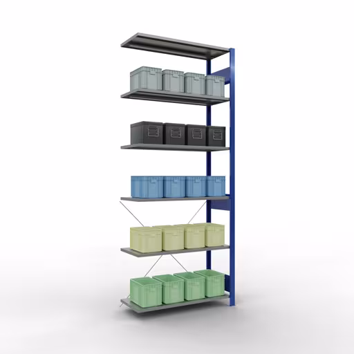 Aanbouwrekken, rekken, insteeksysteem MULTIplus85, 2500 x 1000 x 400 mm (HxBxD), 6 legborden, kruisschoor, RAL 5010 gentiaanblauw uit de categorie aanbouwrekken met de GTIN 4004514284815 Aanbouwrek, stelling, insteeksysteem MULTIplus85, 2500 x 1000 x 400 mm, 6 legborden, RAL 5010 gentiaanblauw van het merk Schulte Lagertechnik uit het assortiment insteeksysteem