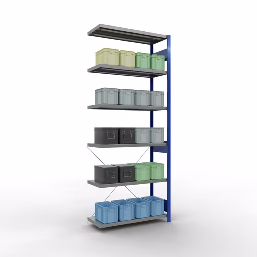 Productafbeelding nr. 15 van het artikel aanbouwplank, legbord, insteeksysteem MULTIplus250, 2500 x 1000 x 400 mm, 6 legborden, kruisschoor, RAL 5010 gentiaanblauw/verzinkt uit het insteeksysteem assortiment van het merk Schulte Lagertechnik