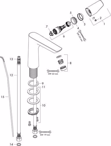 Technische Zeichnung 4062335 Hansgrohe ééngreeps wastafelmengkraan TALIS E 150 nominale breedte 15 met verzonken waste G 1 1/4 inch chroom