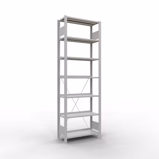 Basisplank, kantoorrek, insteeksysteem MULTIplus85, 2300 x 750 x 300 mm (HxBxD), 7 planken, dwarsschoor, met stoplijst, lichtgrijs, insteeksysteem, art.nr. 36012