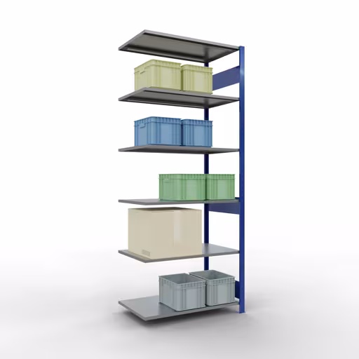 Extra afbeelding van het artikel Aanbouwrekken, legbordstellingen, insteeksysteem MULTIplus150, 2500 x 1000 x 600 mm (HxBxD), 6 legborden, lengtestangen, RAL 5010 gentiaanblauw/verzinkt Extra afbeelding van het artikel, aanbouwplank, MULTIplus150 stellingsysteem, 2500 x 1000 x 600 mm, 6 planken, RAL 5010 gentiaanblauw/verzinkt vanaf aanbouwplank