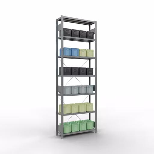 Productafbeelding nr. 15 van het artikel basisplank, legbord, insteeksysteem MULTIplus330, 3000 x 1000 x 300 mm (HxBxD), 7 legborden, kruisschoor, verzinkt Figuur nr. 15 van het artikel basisrek, legplank, insteeksysteem MULTIplus330, 3000 x 1000 x 300 mm, 7 legborden, kruisschoor, verzinkt uit de insteeksysteem productgroep van Schulte Lagertechnik.