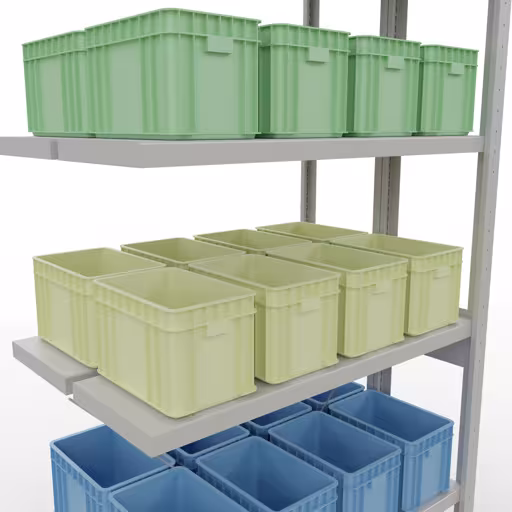 Andere weergave van het artikel Aanbouwplank, dubbele plank, rekkensysteem MULTIplus250, 2500 x 1000 x (2x300) mm, 2x6 planken, kruisschoor, RAL 7035 lichtgrijs uit de categorie rekken