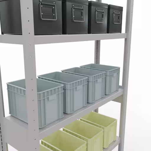 Productafbeelding nr. 15 van het artikel basisplank, plankplank, insteeksysteem MULTIplus330, 2500 x 1000 x 300 mm, 6 planken, kruisschoor, RAL 7035 lichtgrijs Figuur nr. 15 van het artikel basisplank, legbord, insteeksysteem MULTIplus330, 2500 x 1000 x 300 mm, 6 legborden, kruisschoor, RAL 7035 lichtgrijs uit de productgroep insteeksysteem van Schulte Lagertechnik.