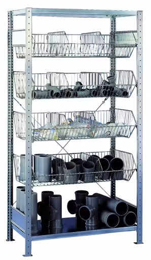 Basisplank, draadmandplank MULTIplus150, 2000 x 1000 x 500 mm (HxBxD), verzinkt, 2 legborden, 4 stuks draadmanden, opbergruimte voor kleine onderdelen, art.nr. 13672