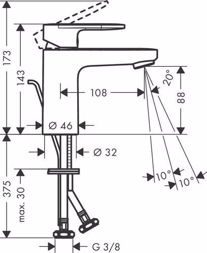 Technische Zeichnung 4038215 Hansgrohe ééngreeps wastafelmengkraan VERNIS Blend 100 met 1 1/4 inch Baduitloop chroom