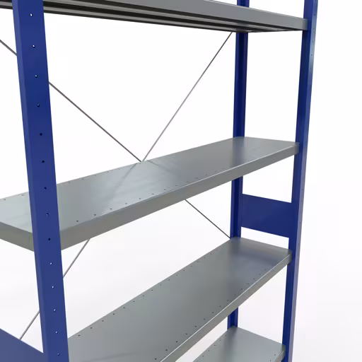 Basisplank, legplank, insteeksysteem MULTIplus250, 3000 x 1300 x 300 mm (HxBxD), 7 legborden, kruisschoor, RAL 5010 gentiaanblauw/verzinkt uit de categorie basisplanken met de GTIN 4004514282095 Basisplank, legbord, insteeksysteem MULTIplus250, 3000 x 1300 x 300 mm, 7 legborden, kruisschoor, RAL 5010 gentiaanblauw/verzinkt van Schulte Lagertechnik uit het assortiment insteeksysteem
