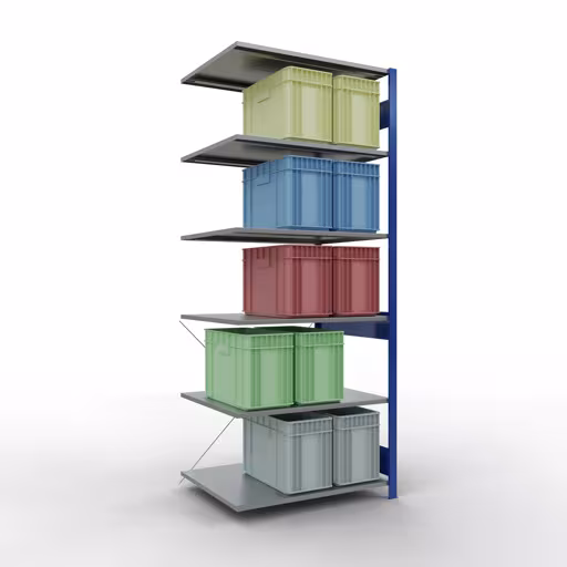 Aanbouwrekken, legbordstellingen, insteeksysteem MULTIplus150, 2500 x 1000 x 800 mm (HxBxD), 6 legborden, kruisschoor, RAL 5010/verzinkt uit de categorie aanbouwrekken met GTIN 4004514279293 Aanbouwrekken, rekken, insteeksysteem MULTIplus150, 2500 x 1000 x 800 mm, 6 legborden, RAL 5010/verzinkt van het merk Schulte Lagertechnik uit het assortiment insteeksysteem