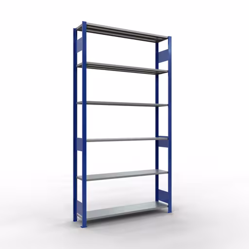 Basisplank, legplank, insteeksysteem MULTIplus150, 2500 x 1300 x 300 mm (HxBxD), 6 legborden, lengtestangen, RAL 5010 gentiaanblauw/verzinkt, basisplank, art.nr. 12731-130-LR-B