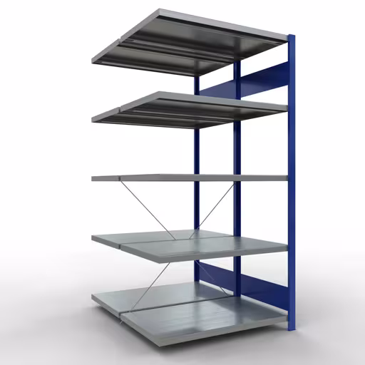 Figuur nr. 13 van het artikel aanbouwrekken, dubbele rekken, rekkensysteem MULTIplus250, 2000 x 1000 x (2x600) mm, 2x5 planken, kruisschoor, RAL 5010 gentiaanblauw uit de rekkenproductgroep van Schulte Lagertechnik.