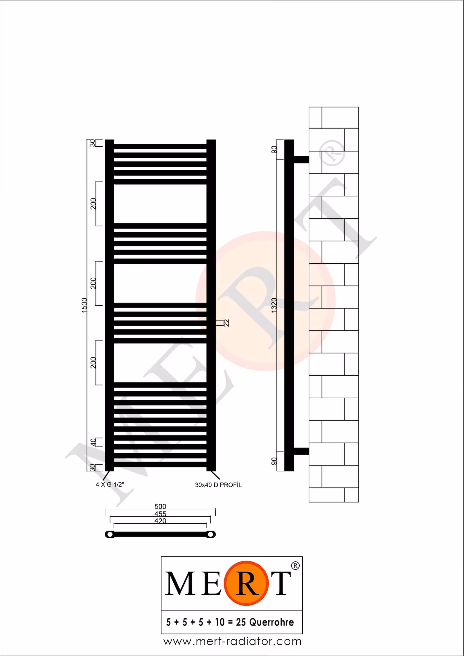 MERT vervangende badkamerradiator wit recht, standaard rechts/links aansluiting (GEEN middenaansluiting) uitvoering maat: 500x1500 mm met de GTIN 4260289853605 MERT vervangende badkamerradiator wit recht, 500*1500 mm, standaard rechts/links aansluiting (GEEN middenaansluiting) van MERT met art.nr. 1-50x150-S