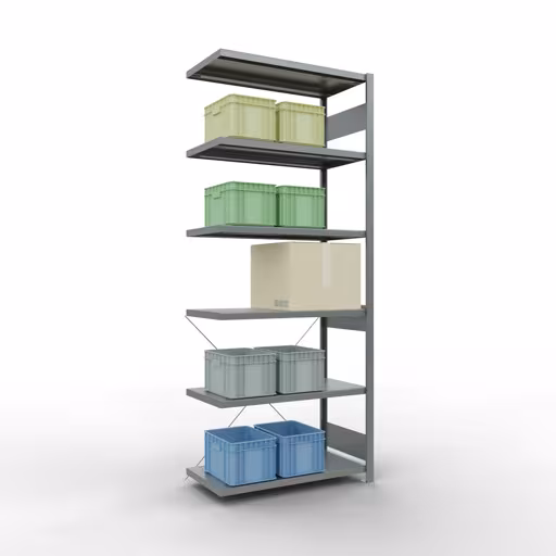 Extra afbeelding bij het artikel Aanbouwrekken, legbordstellingen, insteeksysteem MULTIplus250, 2500 x 1000 x 500 mm (HxBxD), 6 legborden, kruisschoor, verzinkt Extra afbeelding van het artikel Aanbouwplank, legbord, insteeksysteem MULTIplus250, 2500 x 1000 x 500 mm, 6 legborden, kruisschoor, verzinkt vanaf opzetplank