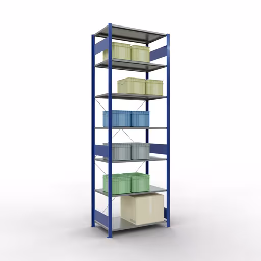 Basisplank, legplank, insteeksysteem MULTIplus85, 3000 x 1000 x 600 mm (HxBxD), 7 legborden, kruisschoor, RAL 5010 gentiaanblauw uit de categorie basisplanken met de GTIN 4004514285119 Basisplank, legbord, insteeksysteem MULTIplus85, 3000 x 1000 x 600 mm, 7 legborden, RAL 5010 gentiaanblauw van het merk Schulte Lagertechnik uit het assortiment insteeksysteem