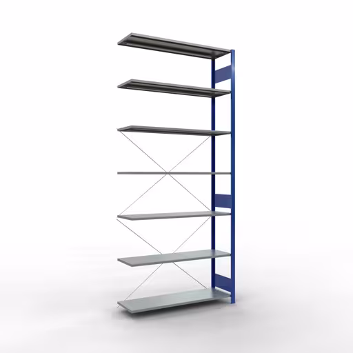 Aanbouwrekken, rekken, insteeksysteem MULTIplus150, 3000 x 1300 x 400 mm (HxBxD), 7 legborden, kruisschoor, RAL 5010 gentiaanblauw/verzinkt, aanbouwplank, art.nr. 12747-130-B