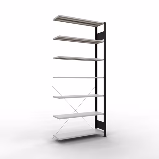 Aanbouwstelling, kantoorstelling, insteeksysteem MULTIplus85, 2300 x 1000 x 300 mm (HxBxD), 7 legborden, kruisschoor, zonder aanslaglijst, zwart/lichtgrijs, insteeksysteem, art.nr. 36034-S