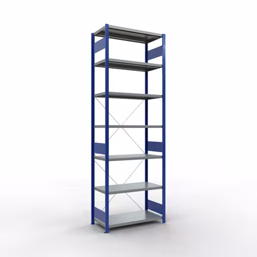 Basisplank, legplank, insteeksysteem MULTIplus250, 3000 x 1000 x 500 mm, 7 legborden, kruisschoor, RAL 5010 gentiaanblauw/verzinkt van Schulte Lagertechnik uit de categorie insteeksystemen