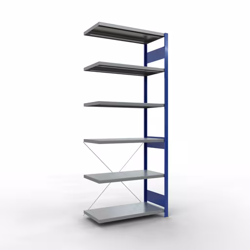 Aanbouwrekken, legbord, insteeksysteem MULTIplus250, 2500 x 1000 x 500 mm, 6 legborden, kruisschoor, RAL 5010 gentiaanblauw/verzinkt van Schulte Lagertechnik met artikelnr. 12956-B