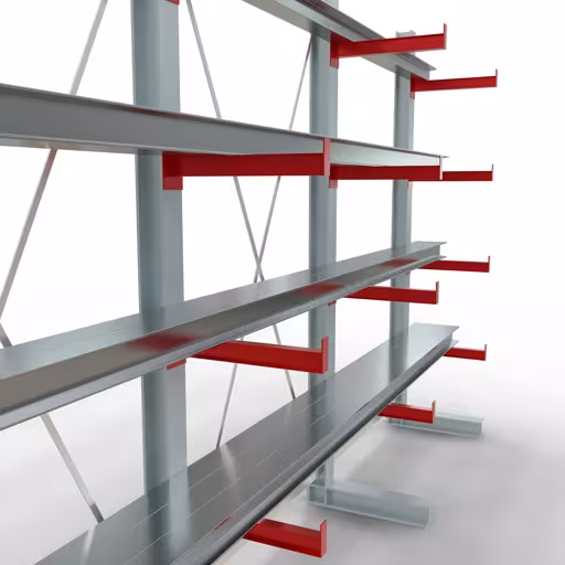 Productafbeelding nr. 12 van artikel K 3000 compleet legbord, eenzijdig, 2500 x 3900 x 500 mm, RAL 7001 / RAL 3000, 5 opslagniveaus Afbeelding nr. 12 van artikel K 3000 complete stelling, eenzijdig, 2500 x 3900 x 500 mm, RAL 7001 / RAL 3000, 5 opslagniveaus uit de productgroep draagarmstellingen van Schulte Lagertechnik