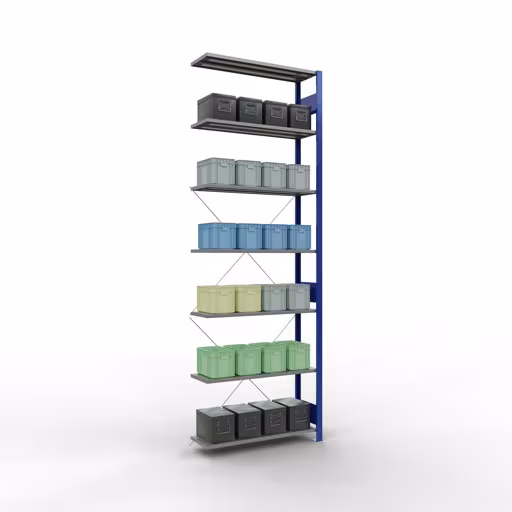 Extra afbeelding van het artikel Aanbouwrekken, legbordstellingen, insteeksysteem MULTIplus150, 3000 x 1000 x 300 mm (HxBxD), 7 legborden, kruisschoor, RAL 5010/verzinkt Extra afbeelding van het artikel Aanbouwplank, legbord, insteeksysteem MULTIplus150, 3000 x 1000 x 300 mm, 7 legborden, RAL 5010/verzinkt vanaf opzetplank