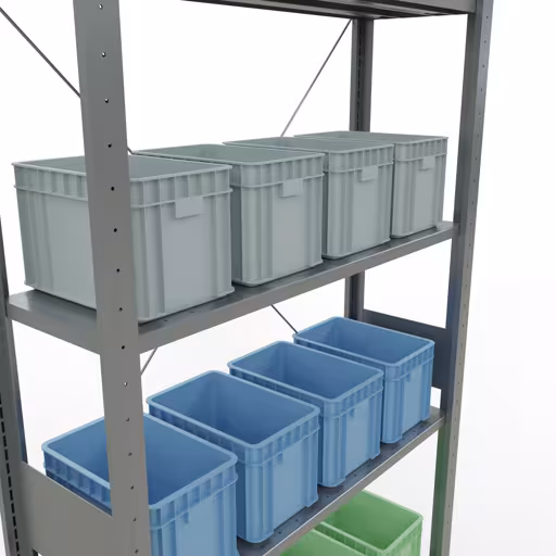 Productafbeelding nr. 13 van het artikel basisplank, legbord, insteeksysteem MULTIplus85, 3000 x 1000 x 300 mm (HxBxD), 7 legborden, kruisschoor, verzinkt Figuur nr. 13 van het artikel basisrek, legbord-insteeksysteem MULTIplus85, 3000 x 1000 x 300 mm, 7 legborden, verzinkt uit de productgroep insteeksysteem van het merk Schulte Lagertechnik.