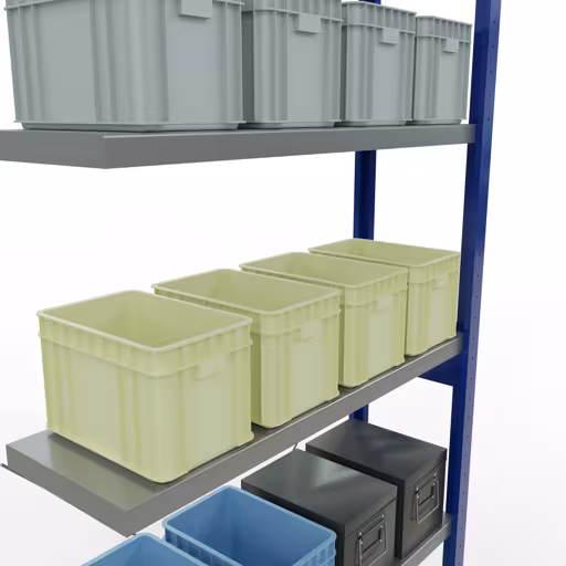 Andere weergave van het artikel Aanbouwrekken, legbordstellingen, insteeksysteem MULTIplus250, 2500 x 1000 x 300 mm, 6 legborden, kruisschoor, RAL 5010 gentiaanblauw/verzinkt uit de categorie insteeksystemen