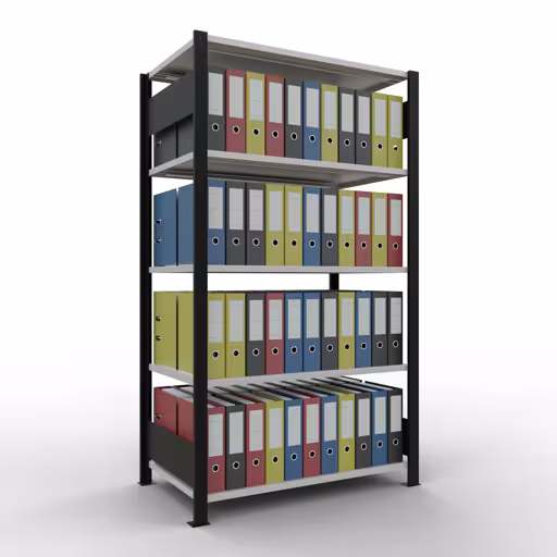 Andere weergave van het artikel basisplank, kantoorplank, insteeksysteem MULTIplus150, 1800 x 1000 x 600 mm, 5 planken, lengtestangen, zonder middenaanslag, zwart/lichtgrijs uit de categorie kantoorplanken