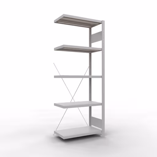 Aanbouwrekken, rekken, insteeksysteem MULTIplus250, 2000 x 750 x 400 mm (HxBxD), 5 planken, kruisschoor, RAL 7035 lichtgrijs van Schulte Lagertechnik Aanbouwrekken, legborden, insteeksysteem MULTIplus250, 2000 x 750 x 400 mm (HxBxD), 5 legborden, kruisschoor, RAL 7035 lichtgrijs, aanbouwplank, art.nr. 32845-75