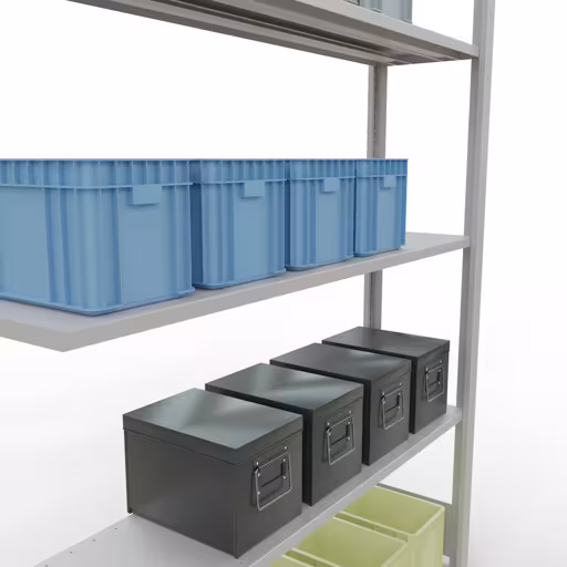 Extra afbeelding van het artikel Aanbouwplank, legplank, insteeksysteem MULTIplus150, 2000 x 1300 x 300 mm, 5 legborden, lengtebalk, RAL 7035 lichtgrijs van opzetplank