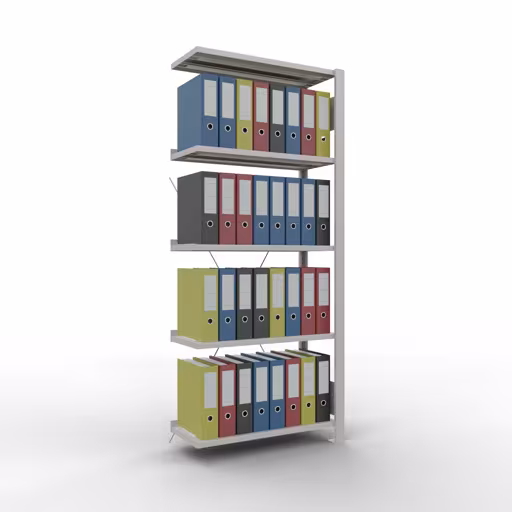 Figuur nr. 9 van het artikel aanbouwrekken, kantoorrekken, insteeksysteem MULTIplus85, 1800 x 750 x 300 mm, 5 planken, kruisschoor, met aanslagbalk, lichtgrijs uit de productgroep kantoorrekken van Schulte Lagertechnik.