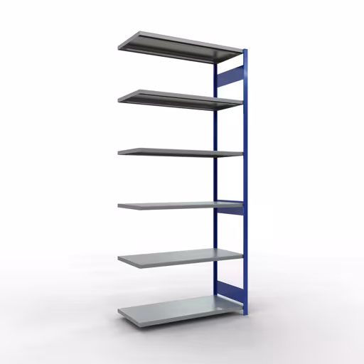 Aanbouwrekken, rekken, insteeksysteem MULTIplus250, 3000 x 1300 x 600 mm (HxBxD), 7 legborden, lengtebalk, RAL 5010 gentiaanblauw/verzinkt, aanbouwplank, art.nr. 12967-130-LR-B