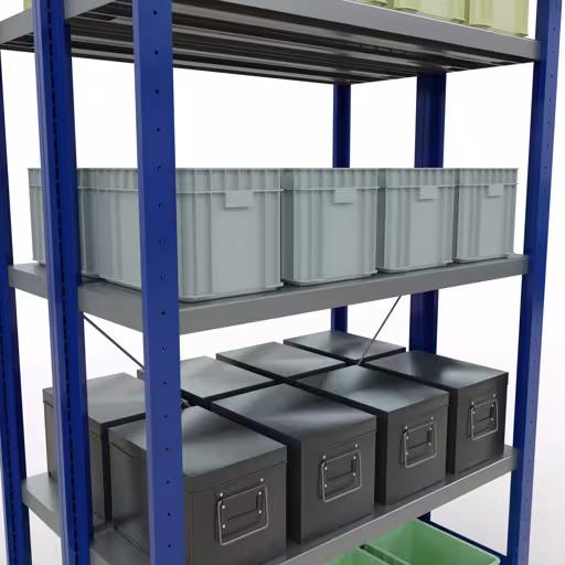 Afbeelding nr. 11 van het artikel basisplank, dubbele plank, stellingsysteem MULTIplus250, 2000 x 1000 x (2x300) mm (HxBxD), 2x5 planken, kruisschoor, RAL 5010 gentiaanblauw uit de productgroep stellingrekken van het merk Schulte Lagertechnik