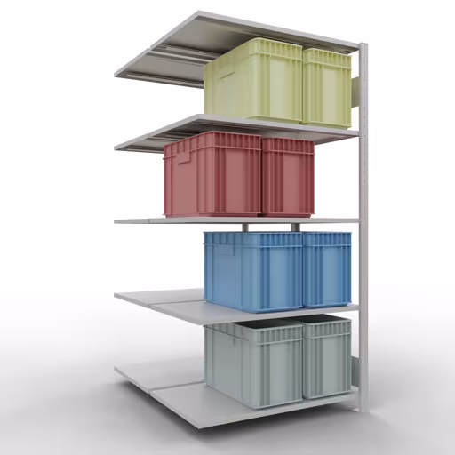 Aanbouwrekken, dubbele rekken, stellingsysteem MULTIplus150, 2000 x 1000 x (2x600) mm (HxBxD), 2x5 planken, lengtestangen, RAL 7035 lichtgrijs met de GTIN 4004514270016 Aanbouwplank, dubbele plank, plankplank, insteeksysteem MULTIplus150, 2000 x 1000 x (2x600) mm, 2x5 planken, RAL 7035 lichtgrijs van Schulte Lagertechnik met artikelnr. 33165