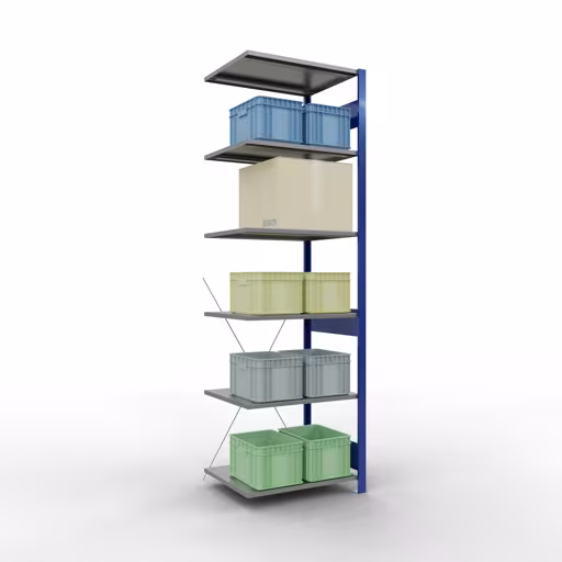 Aanbouwrekken, rekken, insteeksysteem MULTIplus150, 2500 x 750 x 600 mm (HxBxD), 6 legborden, kruisschoor, RAL 5010 gentiaanblauw/verzinkt/verzinkt met artikelnr. 12766-75-B Aanbouwrekken, rekken, insteeksysteem MULTIplus150, 2500 x 750 x 600 mm, 6 planken, RAL 5010 gentiaanblauw/verzinkt/verzinkt van Schulte Lagertechnik uit de categorie insteeksystemen