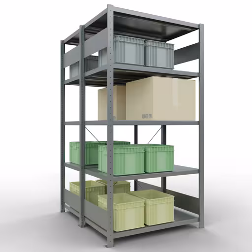 Basisplank, dubbele plank, stellingsysteem MULTIplus250, 2000 x 1000 x (2x600) mm, 2x5 legborden, kruisschoor, verzinkt met GTIN 4004514286154 Basisplank, dubbele plank, legplank-insteeksysteem MULTIplus250, 2000 x 1000 x (2x600) mm, 2x5 legborden, kruisschoor, verzinkt van Schulte Lagertechnik met het artikelnr. 14260-G