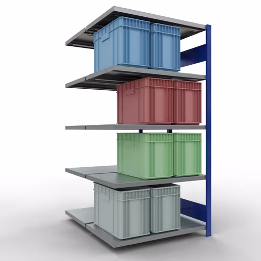 Extra afbeelding van het artikel Aanbouwplank, dubbele plank, legplank-insteeksysteem MULTIplus250, 2000 x 1000 x (2x600) mm, 2x5 legborden, lengtestangen, RAL 5010 gentiaanblauw uit dubbele legborden