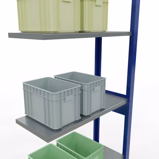 Extra afbeelding van het artikel Aanbouwplank, legplank MULTIplus150 insteeksysteem, 2500 x 750 x 300 mm, 6 legborden, lengtestangen, RAL 5010 gentiaanblauw/verzinkt/verzinkt vanaf opzetplank
