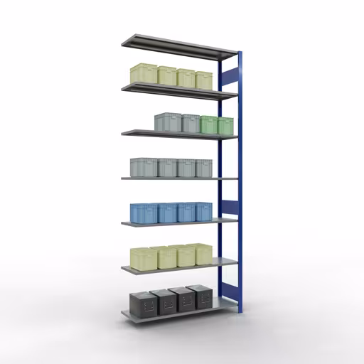 Aanbouwrekken, rekken, insteeksysteem MULTIplus150, 3000 x 1300 x 400 mm (HxBxD), 7 legborden, lengtebalk, RAL 5010 gentiaanblauw/verzinkt met artikelnr. 12747-130-LR-B Aanbouwrekken, rekken, insteeksysteem MULTIplus150, 3000 x 1300 x 400 mm, 7 legborden, RAL 5010 gentiaanblauw/verzinkt van Schulte Lagertechnik uit de categorie insteeksystemen