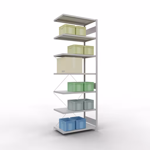 Productafbeelding nr. 15 van het artikel Aanbouwrekken, legbordstellingen, insteeksysteem MULTIplus330, 3000 x 1000 x 600 mm, 7 legborden, kruisschoor, RAL 7035 lichtgrijs Figuur nr. 15 van het artikel aanbouwrekken, legbordstellingen, insteeksysteem MULTIplus330, 3000 x 1000 x 600 mm, 7 legborden, kruisschoor, RAL 7035 lichtgrijs uit de insteeksysteem productgroep van Schulte Lagertechnik.