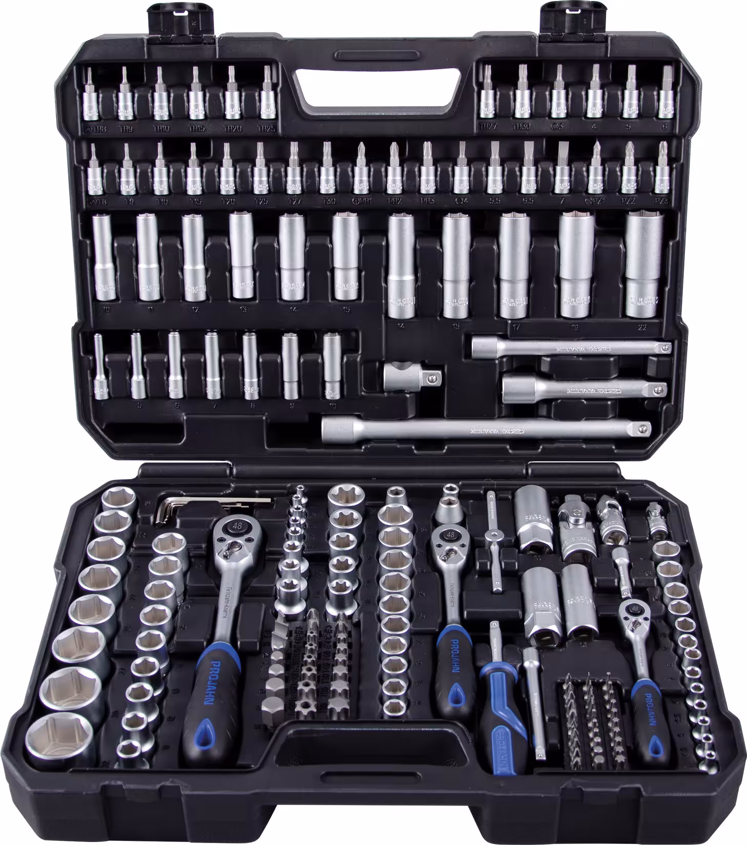 1/4" + 3/8" + 1/2" proficraftset 182-delig, 48 tandratels van PROJAHN proficraft dopsleutelkoffer metrisch 6,3 + 10 + 12,5, dopsleutelsets & losse onderdelen, art.nr. 8663