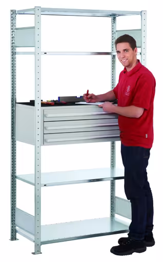 Aanbouwplank, ladeplank MULTIplus150, 2000 x 1000 x 500 mm, 4 MULTIplus150 planken, 1 set van 3 laden, verzinkt van Schulte Lagertechnik uit het assortiment schappenplanken