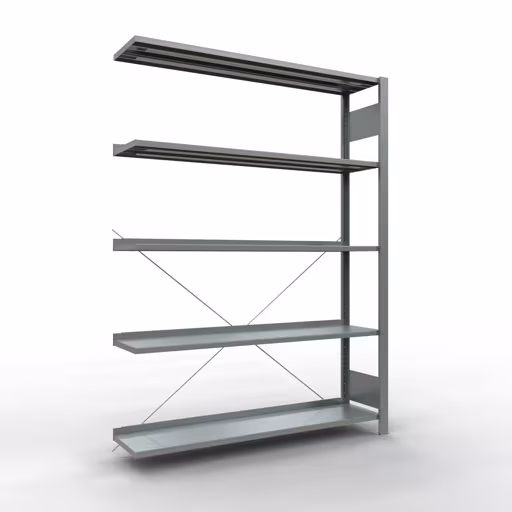 Figuur nr. 12 van het artikel aanbouwrekken, kantoorrekken, insteeksysteem MULTIplus85, 1800 x 1300 x 300 mm, 5 legborden, kruisschoor, verzinkt, met aanslaglijst uit de productgroep kantoorrekken van Schulte Lagertechnik.
