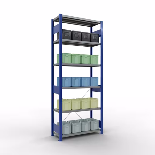 Basisplank, legbord, insteeksysteem MULTIplus330, 2500 x 1000 x 400 mm (HxBxD), 6 legborden, kruisschoor, RAL 5010 gentiaanblauw/gegalvaniseerd van het merk Schulte Lagertechnik uit het assortiment insteeksysteem